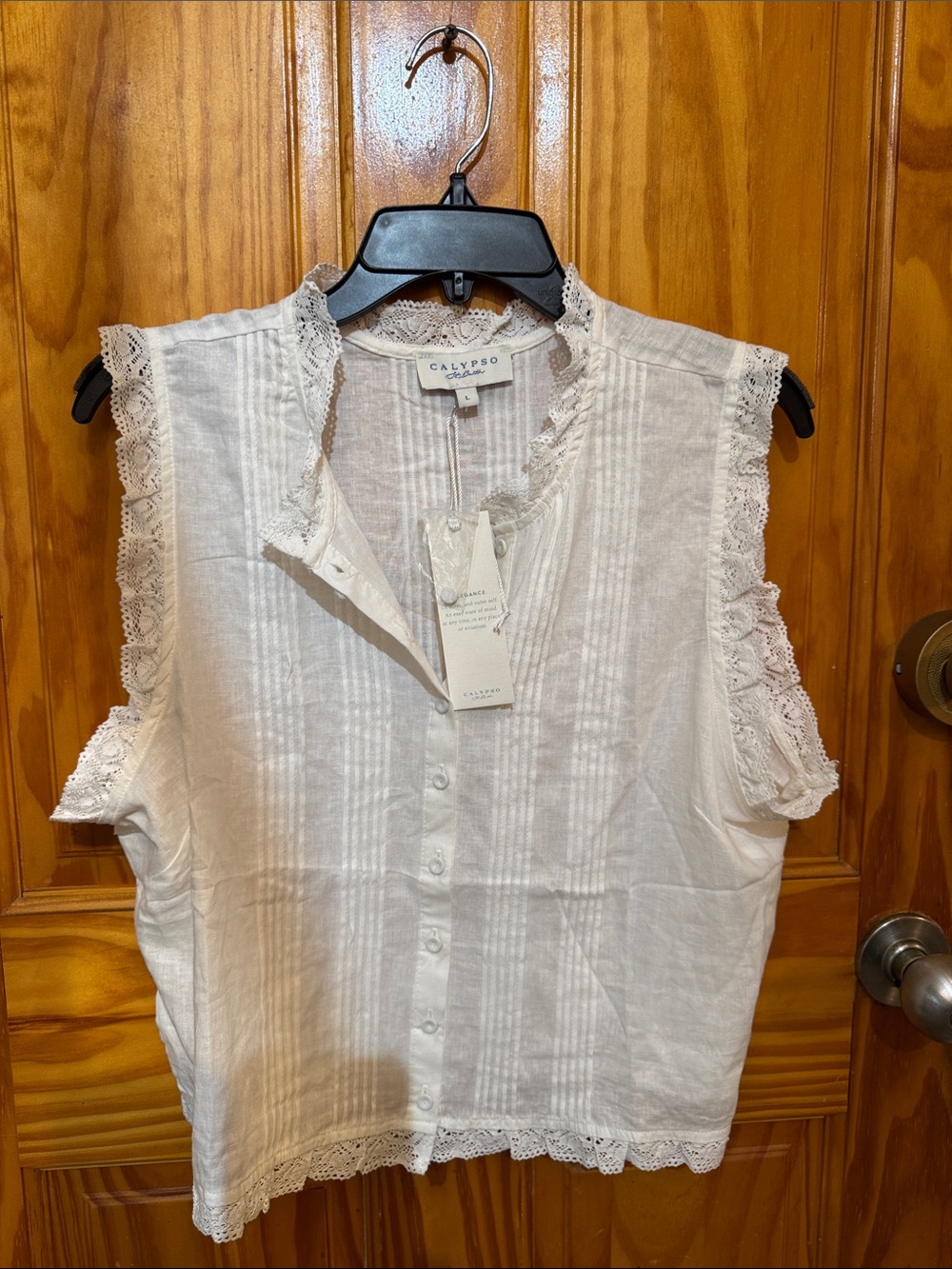 Calypso White Lace-Trim Sleeveless Button Front Blouse
